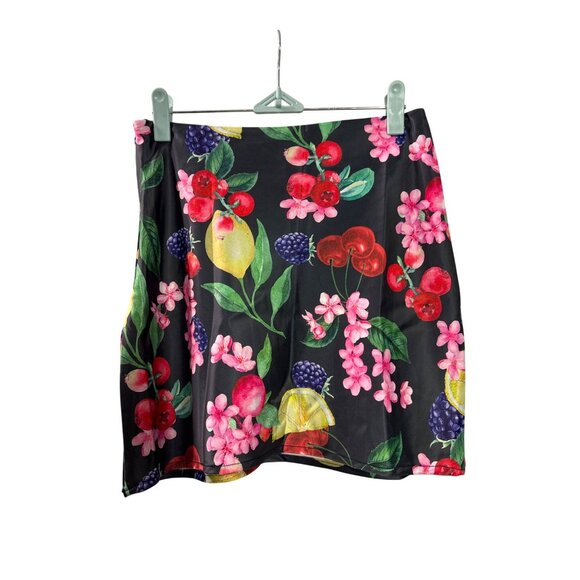 Nasty Gal Collection Black Mini Skirt Vibrant Fruit Floral Print Polyester US 2 - Picture 2 of 4